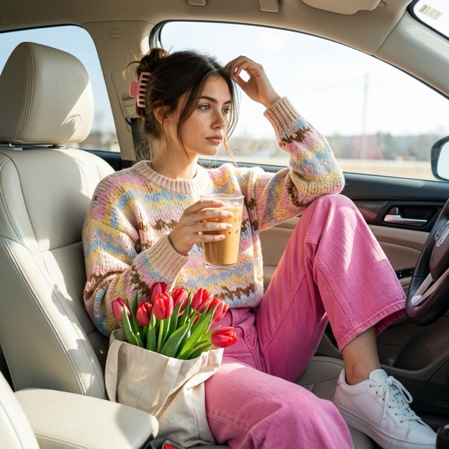 В машине с цветами