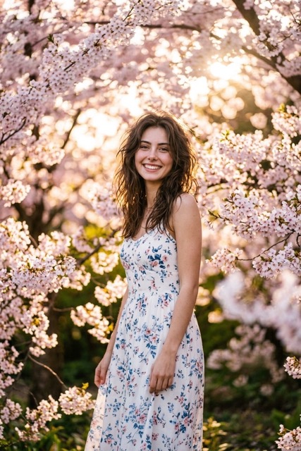 Окруженная цветущей сакурой