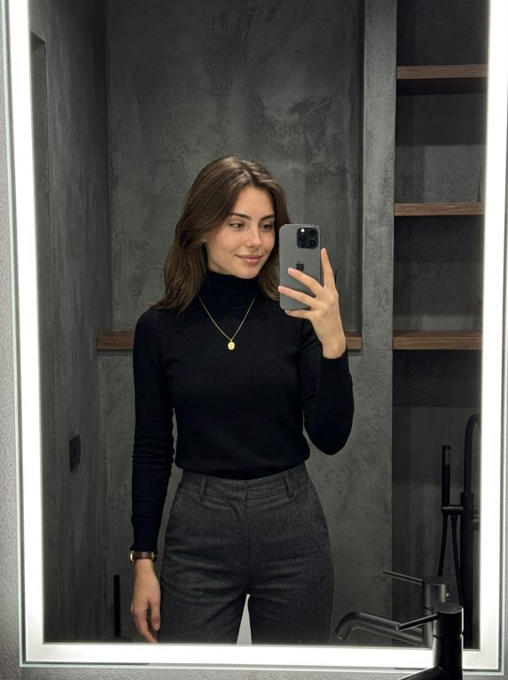 Selfie no espelho em loft acolhedor