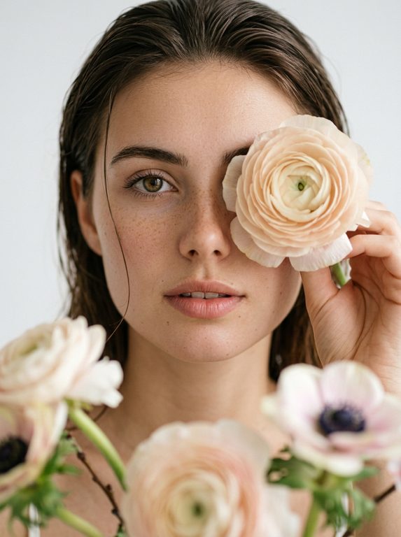 Редакционный крупный портрет с цветами